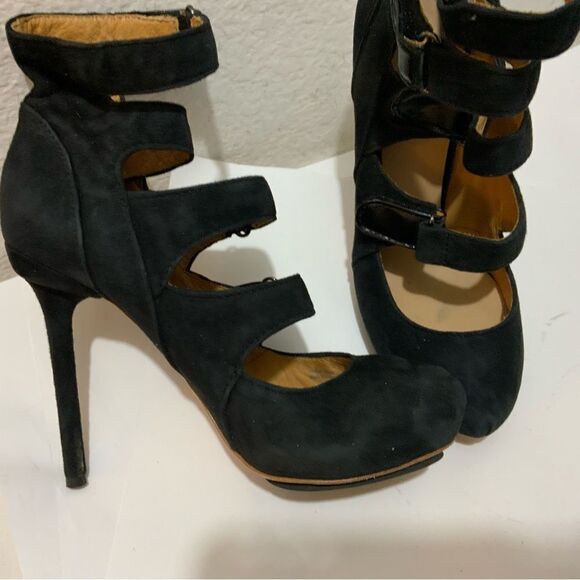 New L.A.M.B Heels Platform Strappy Buckles Suede Black Gwen Stefani New - Picture 12 of 15